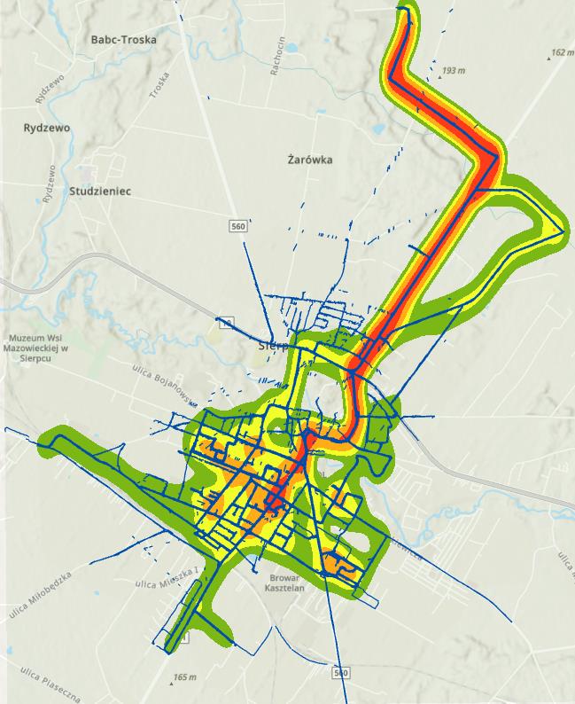 Na grafice mapa ciepła kursów pojazdu zbierającego odpady