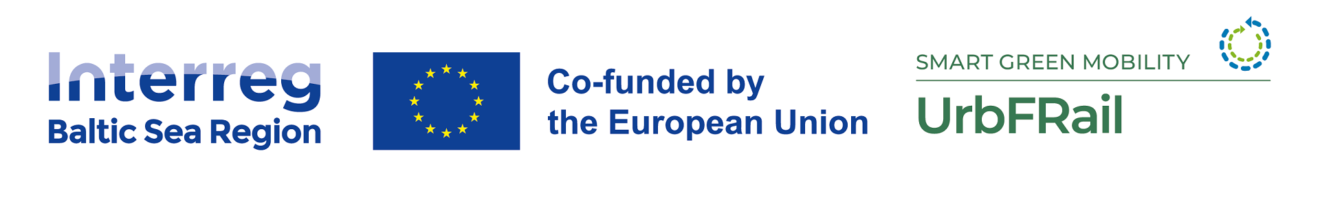 Grafika z logotypami Unii Europejskiej, programu Interreg oraz projektu UrbFRail