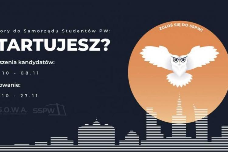 Grafika informująca o wyborach do Samorządu Studentów Politechniki Warszawskiej