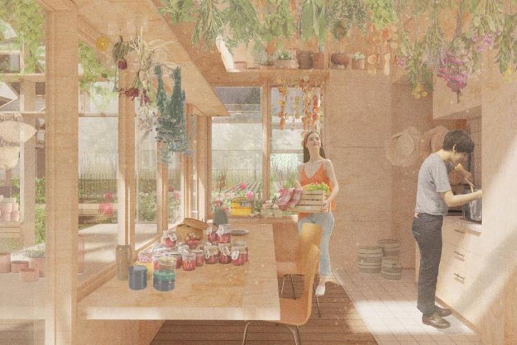 Wizualizacja projektu przedstawiająca mieszkańców domu przygotowujących konfitury