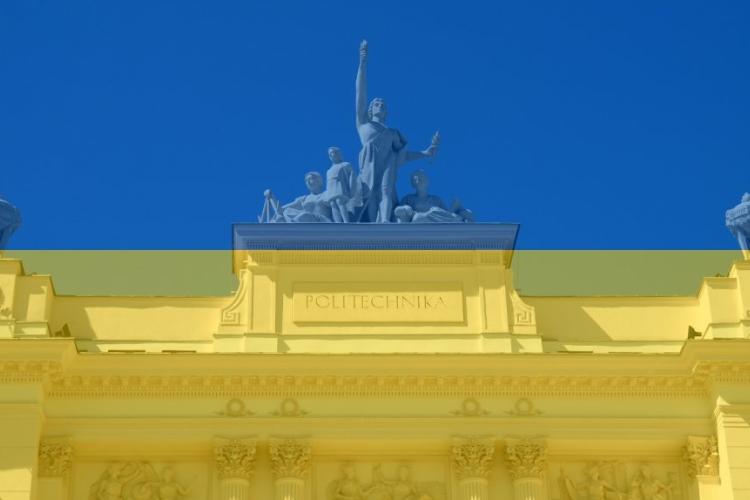 Zdjęcie Gmachu Głównego Politechniki Warszawskiej z filtrem w kolorach flagi Ukrainy