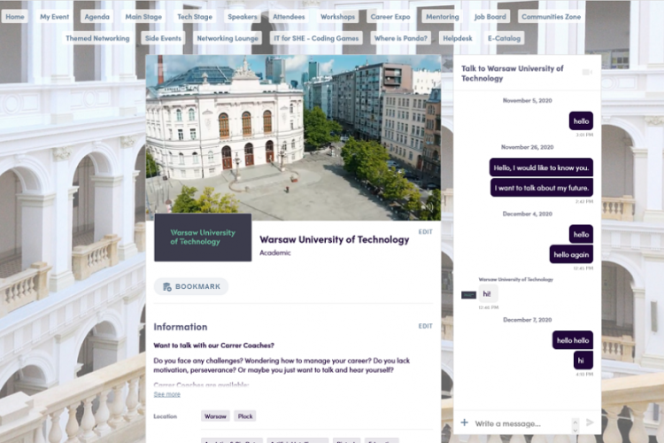 Widok wirtualnego stoiska PW podczas konferencji Women in Tech