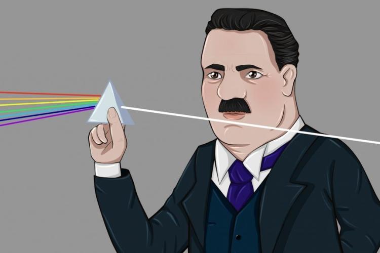 Grafika przedstawiająca Mieczysława Wolfkego trzymającego w ręce pryzmat