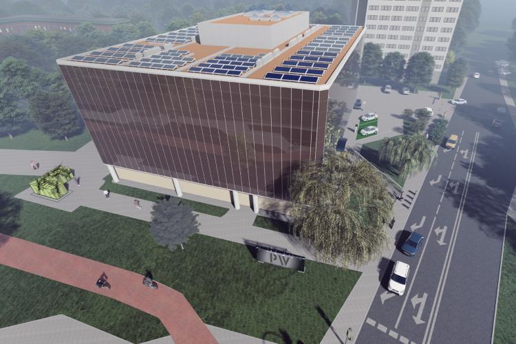 Wizualizacja instalacji na gmachu Wydziału Inżynierii Materiałowej z widocznymi: magazynami energii, panelami fotowoltaicznymi, banerem LED, parkingiem i ładowarką do ładowania samochodów elektrycznych