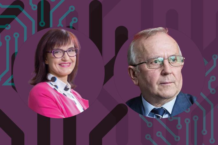 Ewa Mikos-Romanowicz z Siemens Polska i prof. Janusz Lewandowski z PW na tle grafiki konkursowej