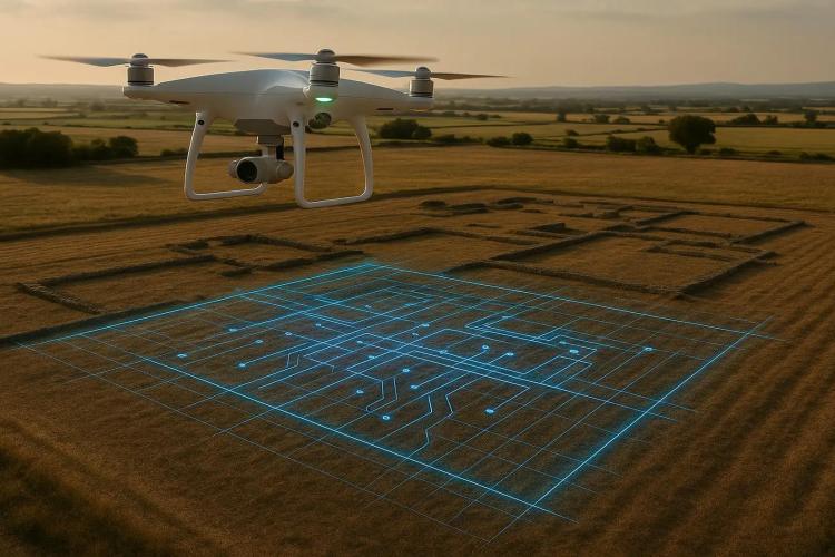 Na grafice dron latający nad polem