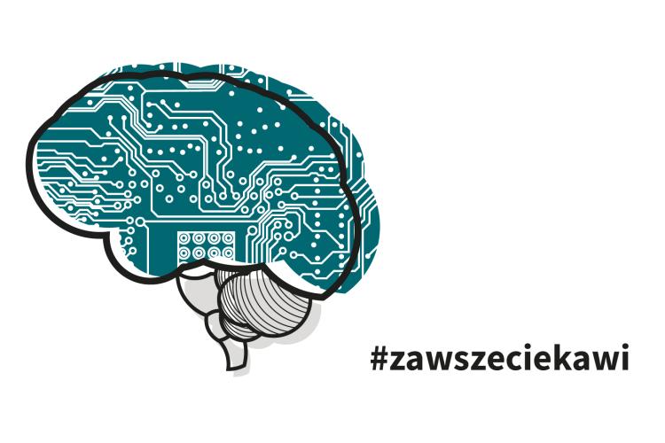Grafika z mózgiem i napisem #zawszeciekawi