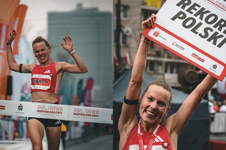 Na zdjęciu Elżbieta Glinka wbiegająca na metę 35. Biegu Niepodległości w Warszawie oraz trzymająca tablicę z napisem "Rekord Polski"
