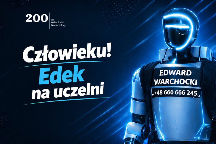Grafika z napisem "Człowieku! Edek na uczelni" przedstawiająca robota - Edwarda Warchockiego