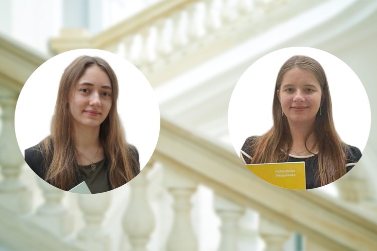 Grafika przedstawiająca wnętrze Gmachu Głównego PW i zdjęcia dwóch studentek: Darii Majewskiej i Wiktorii Trynkos