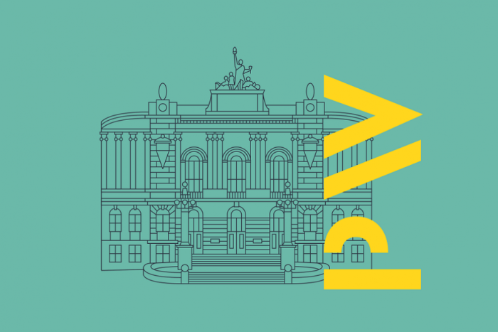 Grafika z Gmachem Głównym Politecniki Warszawskiej i logo uczelni