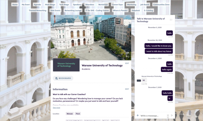 Widok wirtualnego stoiska PW podczas konferencji Women in Tech