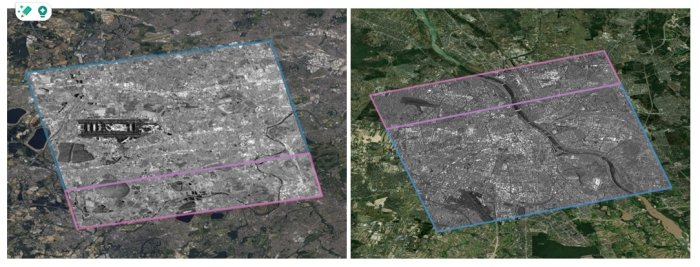 Grafika przedstawia obszary badawcze: Londyn (po lewej) i Warszawa (po prawej). Wizualizacja przedstawia zobrazowanie Sentinel-1 (Copernicus) na tle ortofotomapy (Bing)