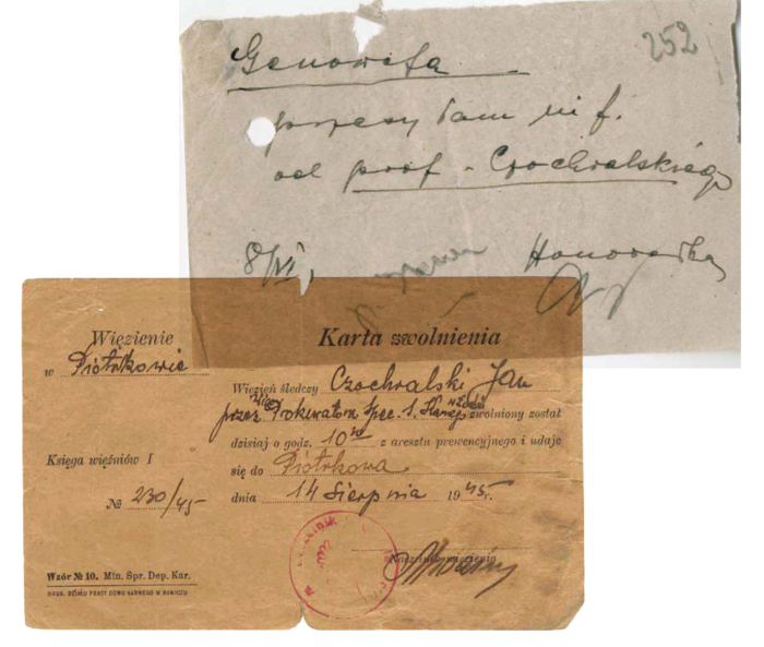 Na zdjęciu meldunek AK o współpracy Jana Czochralskiego oraz karta zwolnienia z więzienia