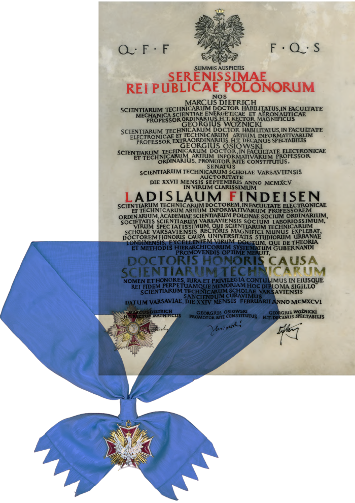 Na zdjęciu dyplom doktora honoris causa Politechniki Warszawskiej Władysława Findeisena oraz Order Orła Białego