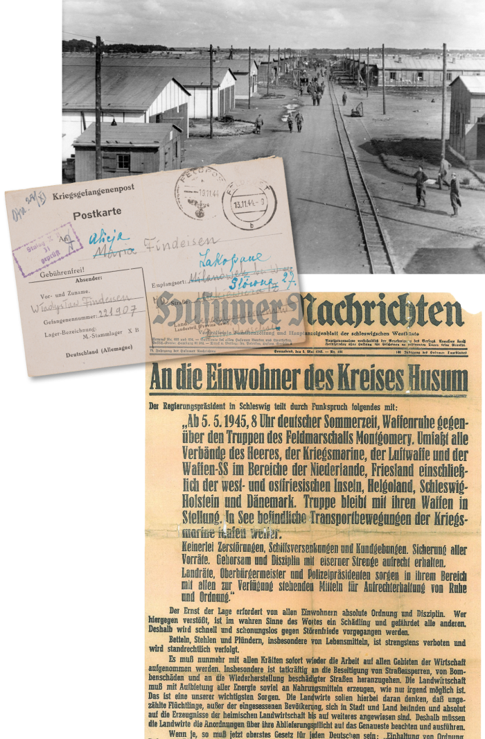 Na zdjęciu Sandbostel, ok. 1940–1943. Obóz jeniecki Stalag X-B; Sandbostel, 29 X 1944. Karta pocztowa jeńca wysłana przez Władysława Findeisena; Prasa niemiecka, 5 V 1945