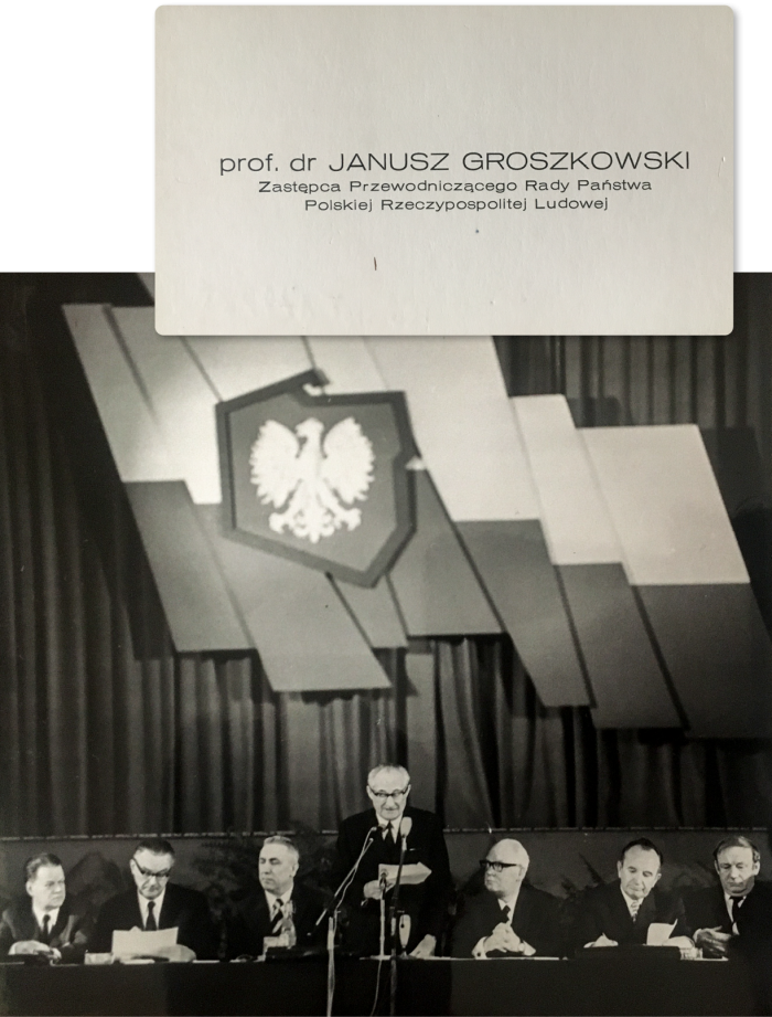 Na zdjęciu II Kongres Nauki Polskiej, 29 VI 1973 oraz wizytówka Janusz Groszkowskiego z lat 70.
