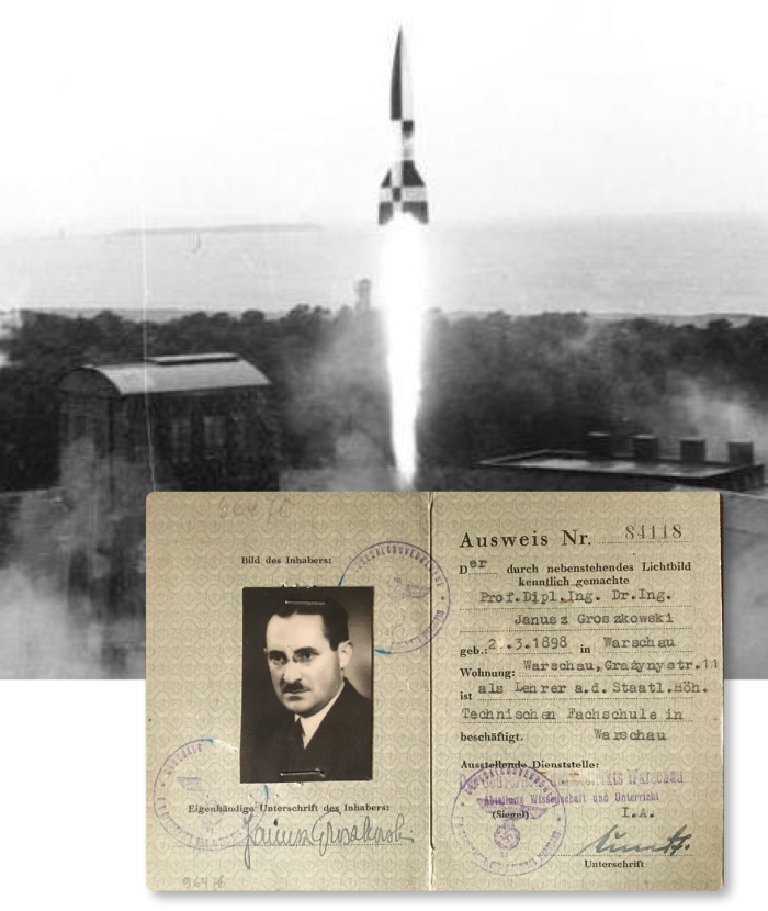 Ausweis (legitymacja/dowód) Janusza Groszkowskiego oraz start rakiety V-2 w 1942 roku