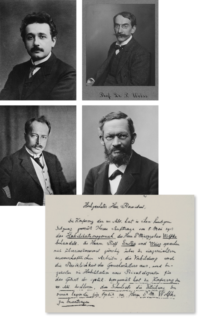 Zatwierdzenie habilitacji Wolfkego oraz recenzenci habilitacji: Albert Einstein, Pierre Weiss, Max von Laue, Alfred Kleiner