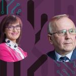 Ewa Mikos-Romanowicz z Siemens Polska i prof. Janusz Lewandowski z PW na tle grafiki konkursowej